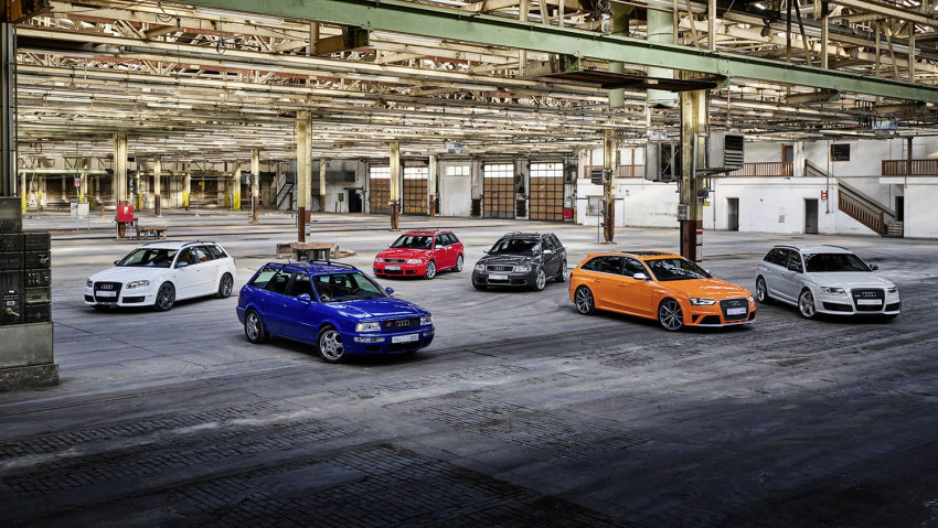Left to right Audi RS 4 Avant(Typ B7), Audi RS 2 Avant, Audi RS 4 Avant(Typ B5), Audi RS 6 Avant(Typ C5), Audi RS 4 Avant(Typ B8), Audi RS6 Avant(Typ CG)